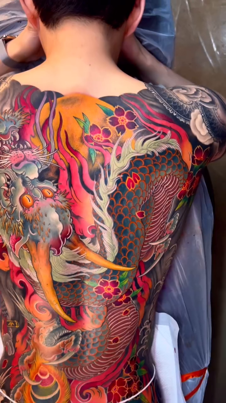 Dragon and koi full back tattoo Japanese tattoo on the back by Hocheon
