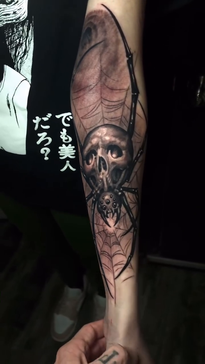 Skull and spider dark realism tattoo by Oak Adams