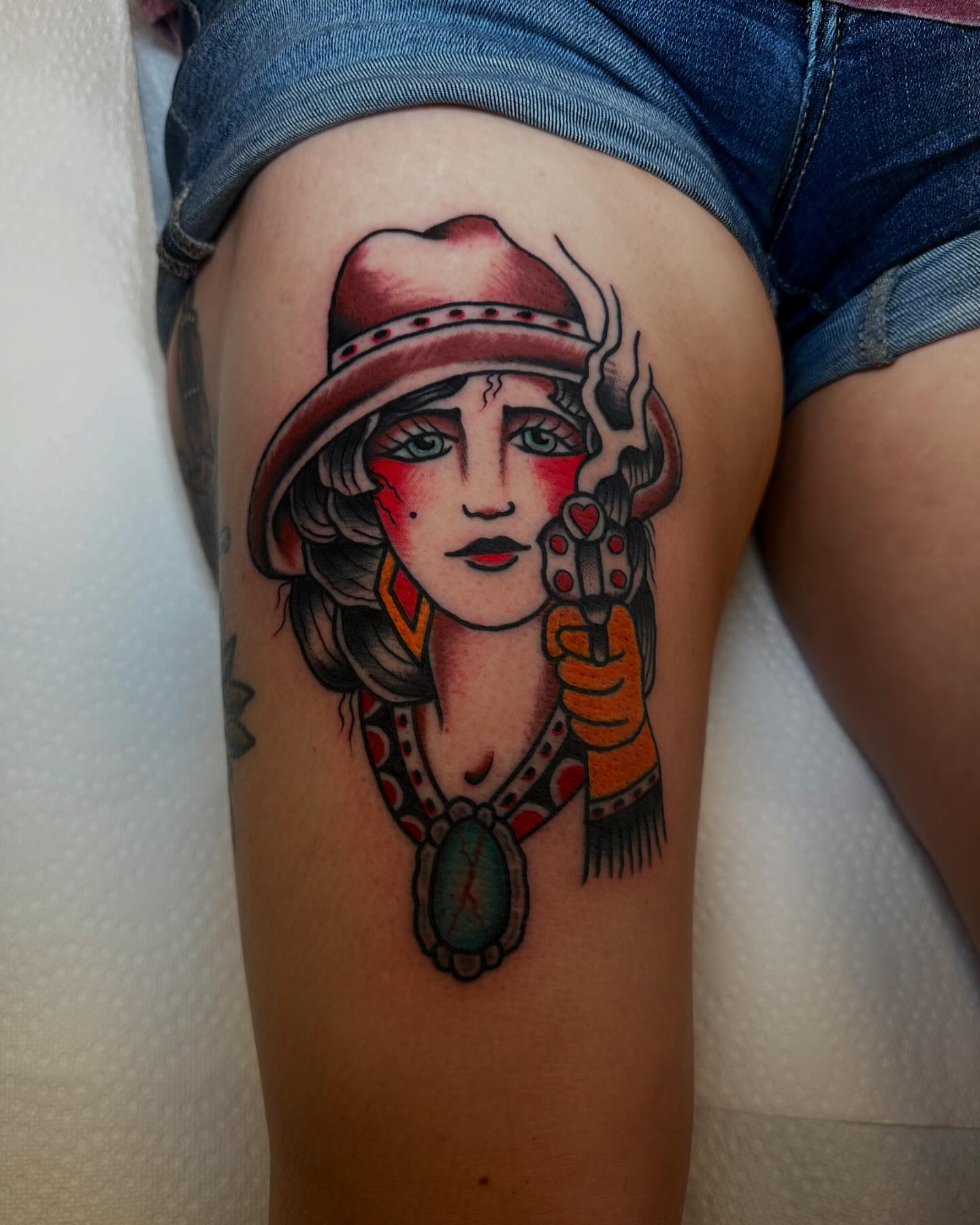 Flapper girl American traditional tattoo on the thigh by Noah Diffenderfer, Phoenix, Arizona