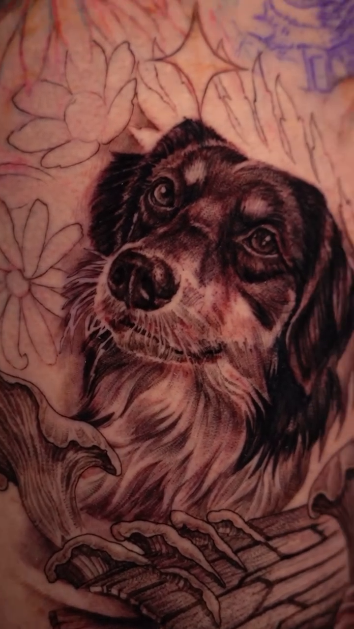 Dog portrait with musical notes realism tattoo by ๐๐๐