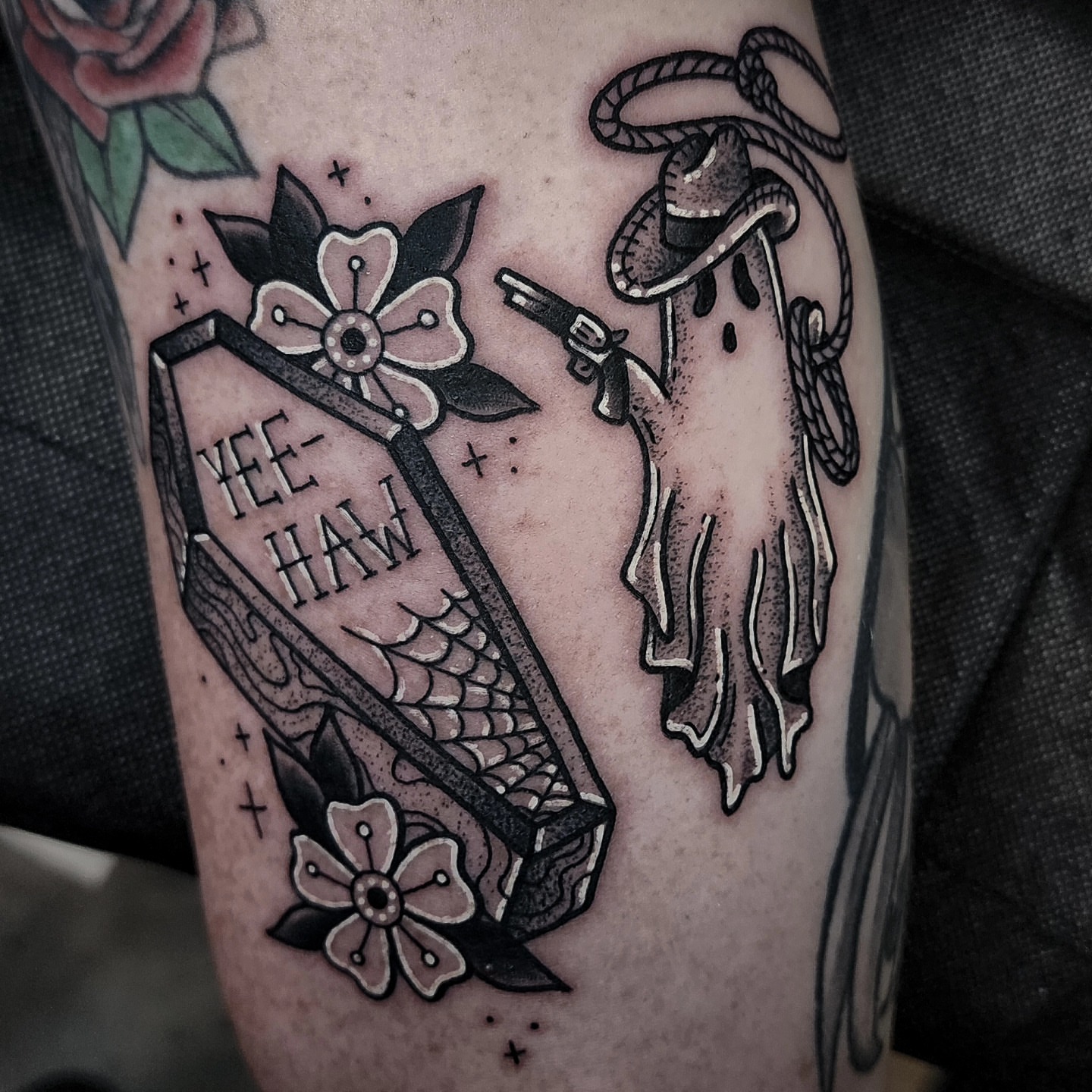 Cowboy ghost with coffin American traditional tattoo on the forearm by Mariah Giovanna Hodgens