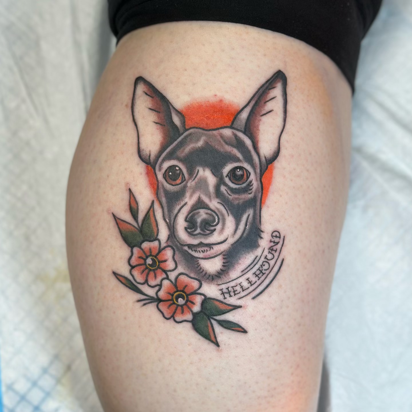 Dog portrait American traditional tattoo on the thigh by Olive Kelley