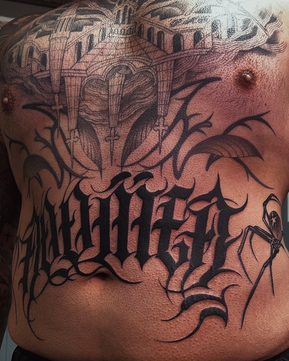 Castle and dragon dotwork tattoo on the chest by Tattoos.byDahlia, Austin, Texas