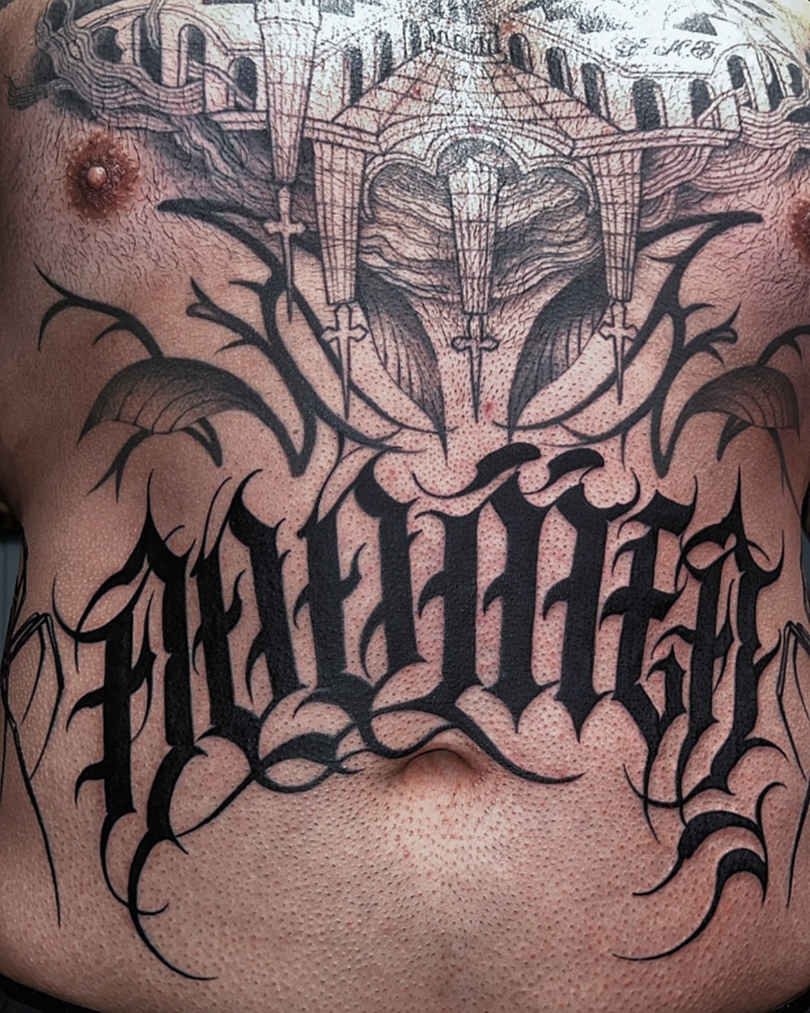 Gothic architecture black and grey tattoo on the chest by Tattoos.byDahlia, Austin, Texas