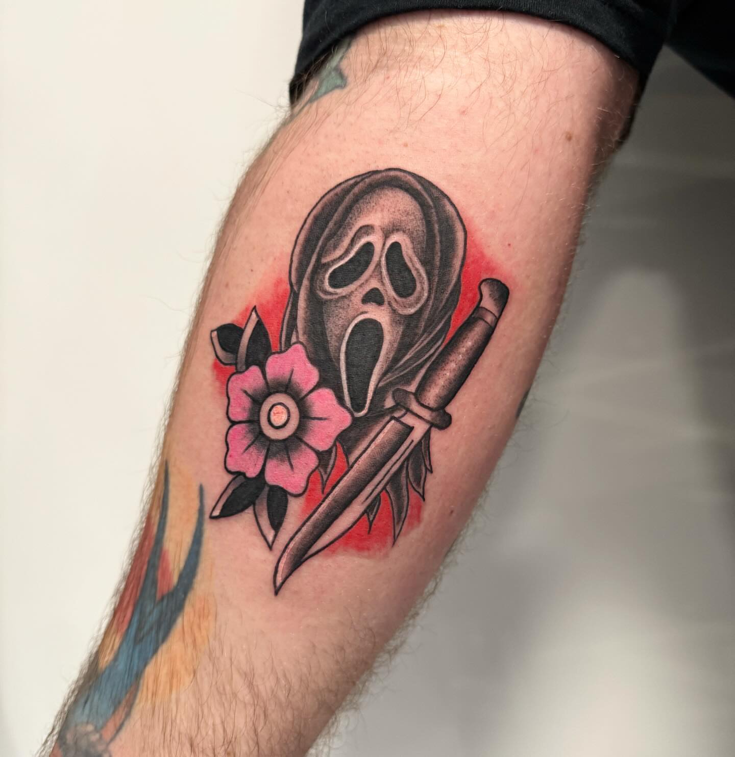 Mask and dagger neo-traditional tattoo on the forearm by ⛓Ireland tattoo⛓