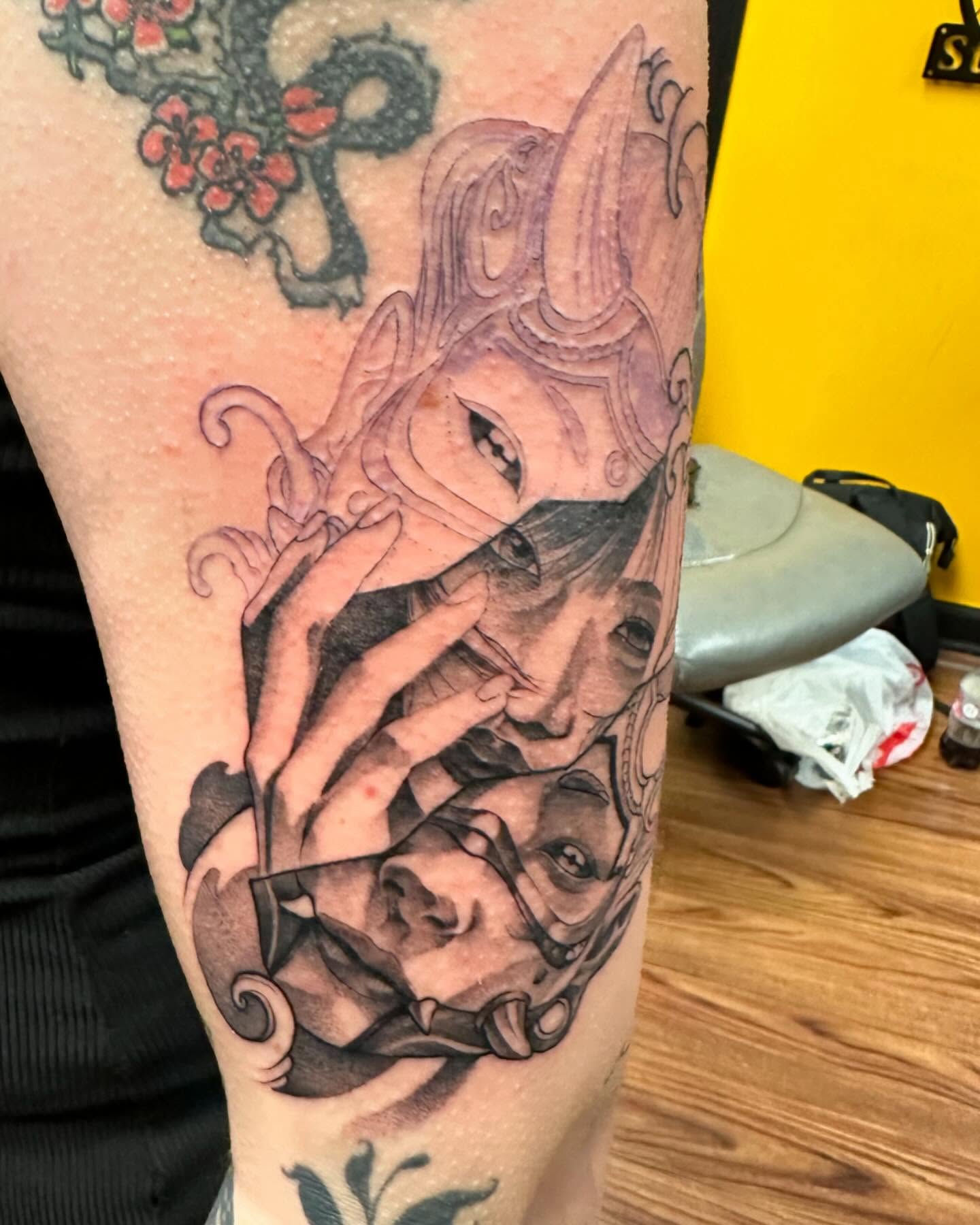 Female faces japanese irezumi tattoo on the forearm by Jan Xander