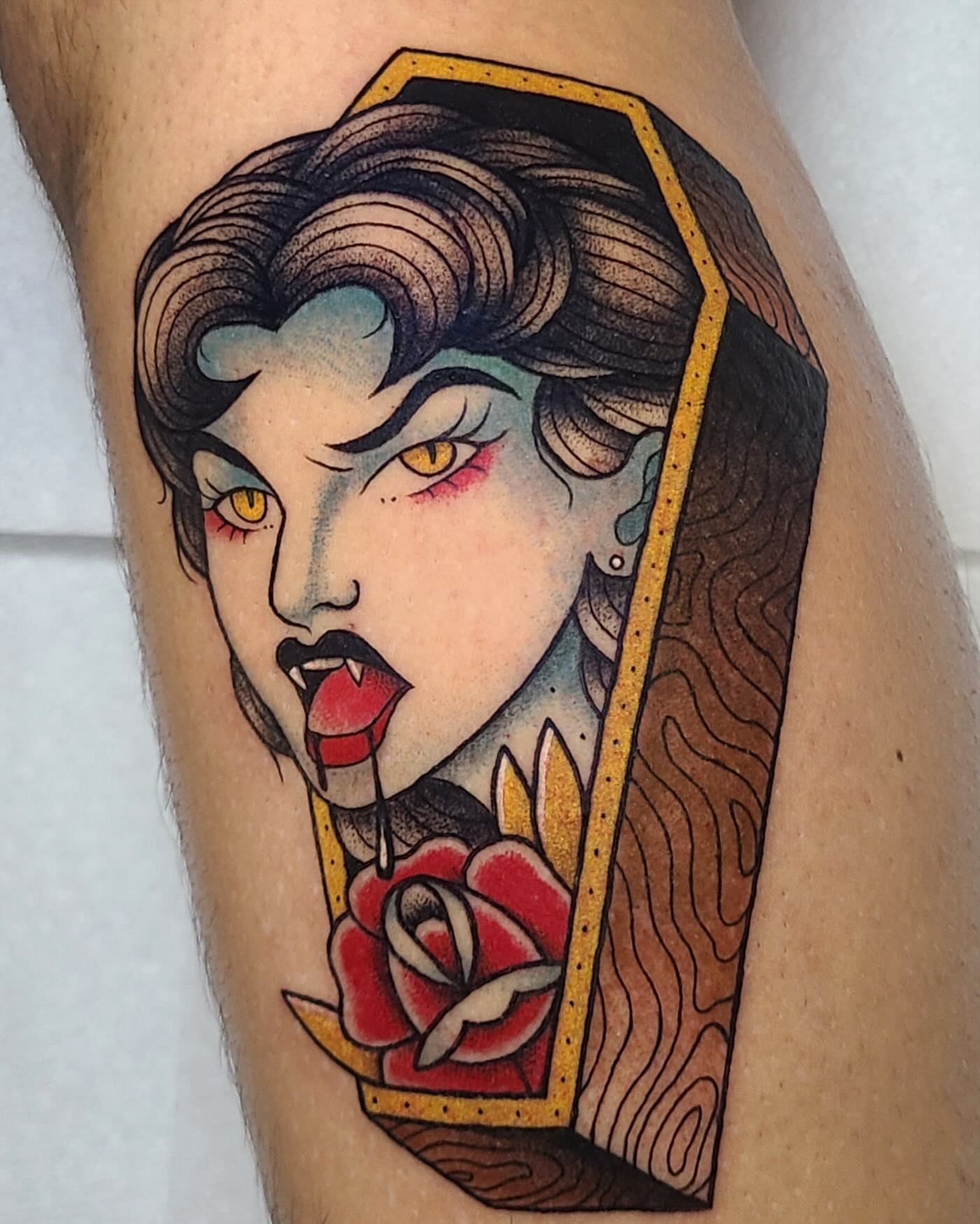 Woman in coffin American traditional tattoo on the forearm by Chloe🌿Tattoos