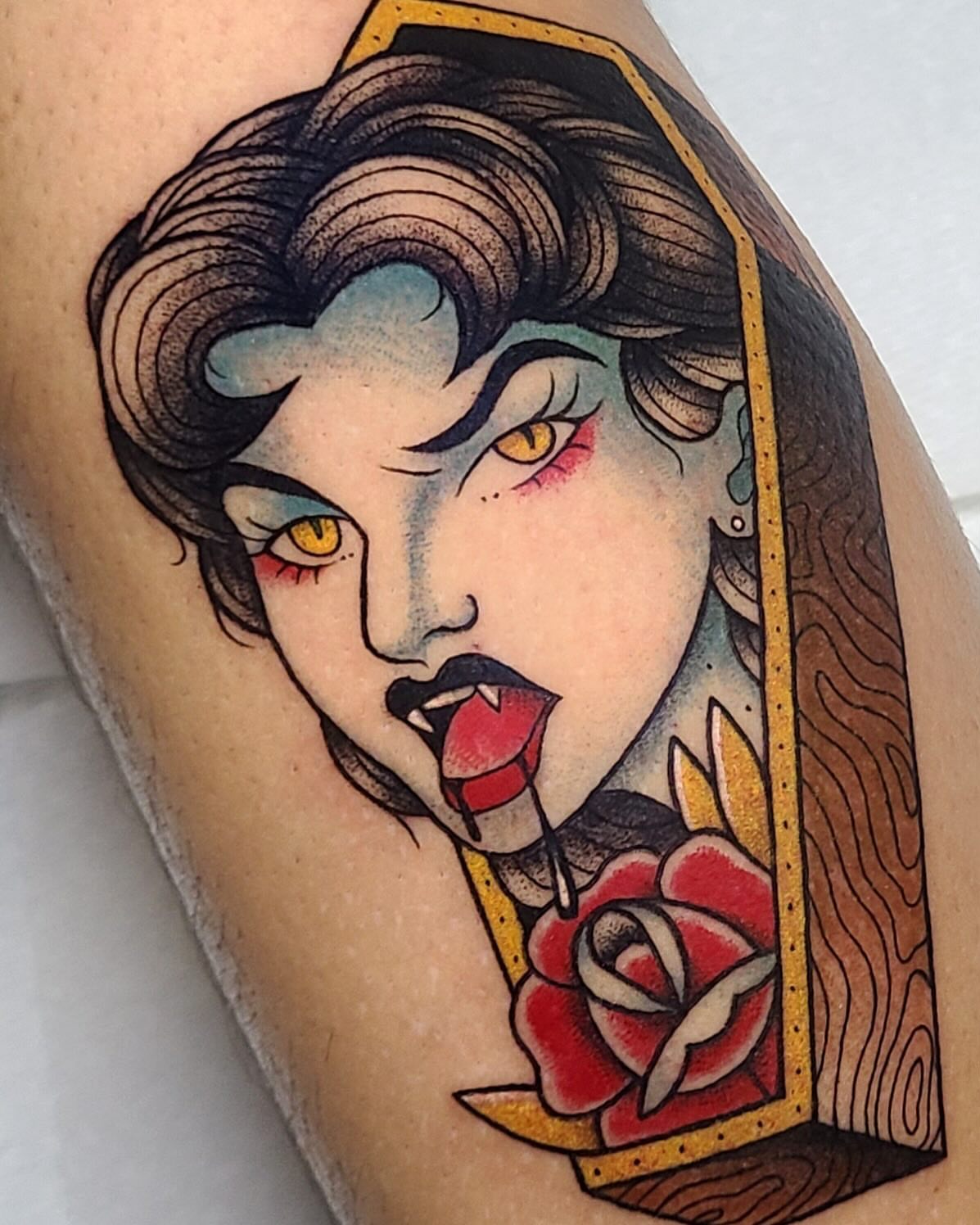 Vampire woman American traditional tattoo on the thigh by Chloe🌿Tattoos