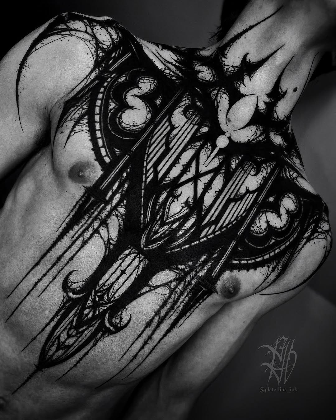 Abstract gothic design cyber sigilism tattoo on the chest by Dark Gothic Tattoo
