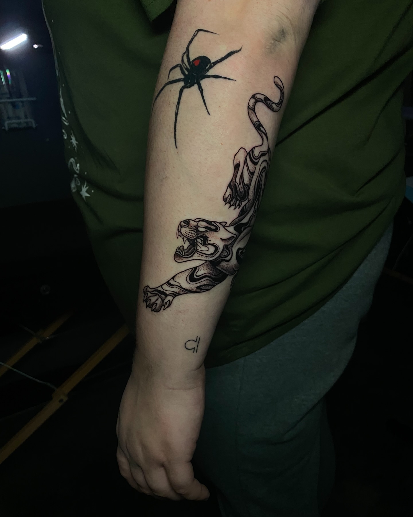Spider and dragon realism tattoo on the forearm by Sydney Dixon, Sacramento, California