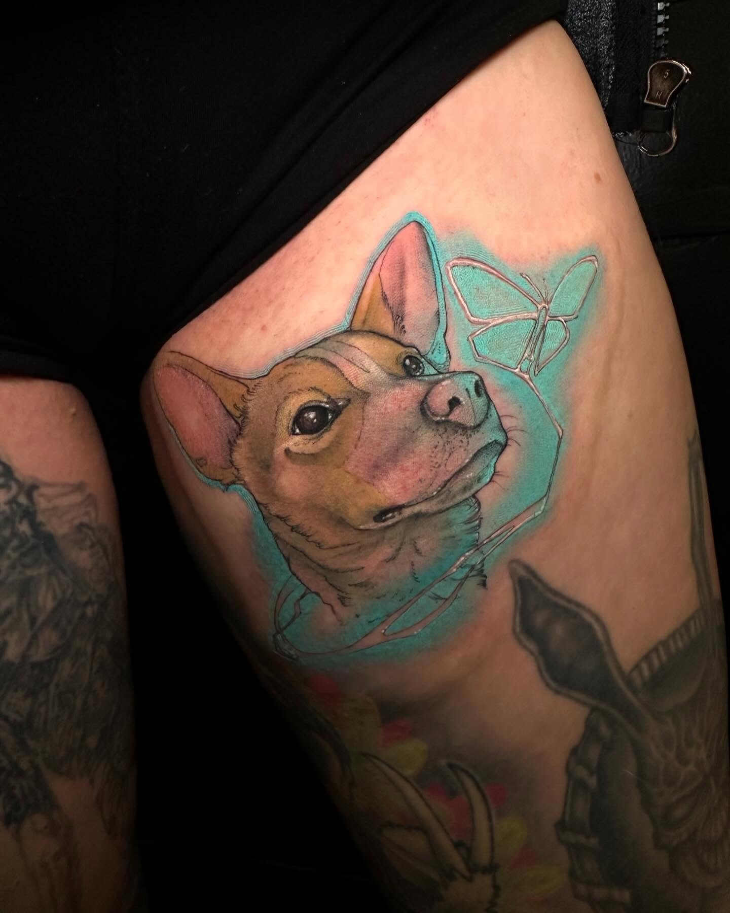 Dog realism tattoo on the thigh by Noel Martinez, Golden, Colorado