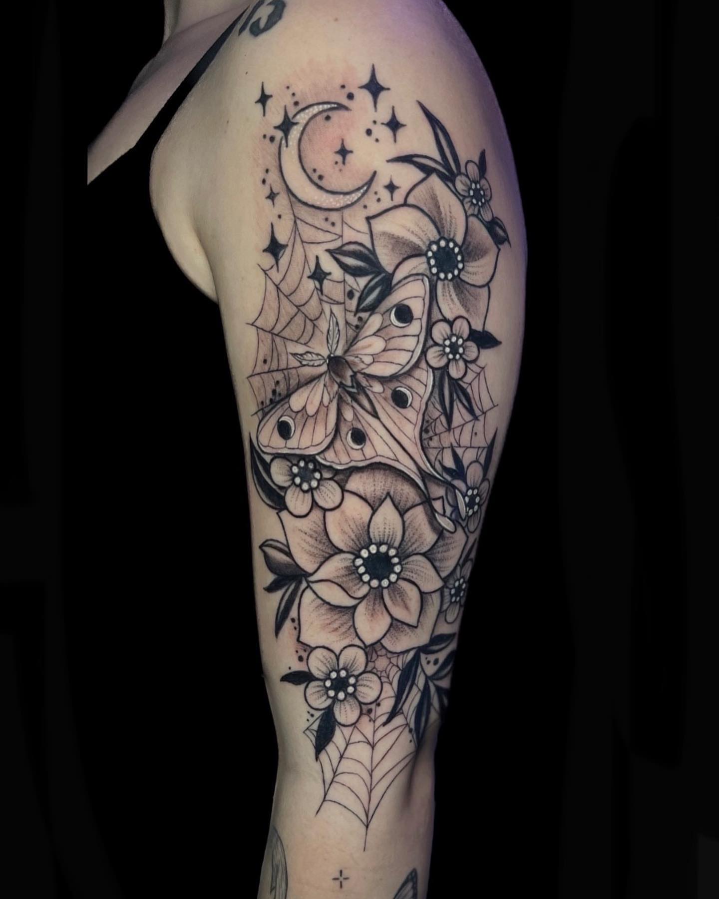 Flowers and butterflies black and grey tattoo on the forearm by 🖤Sabrina Ryan🖤