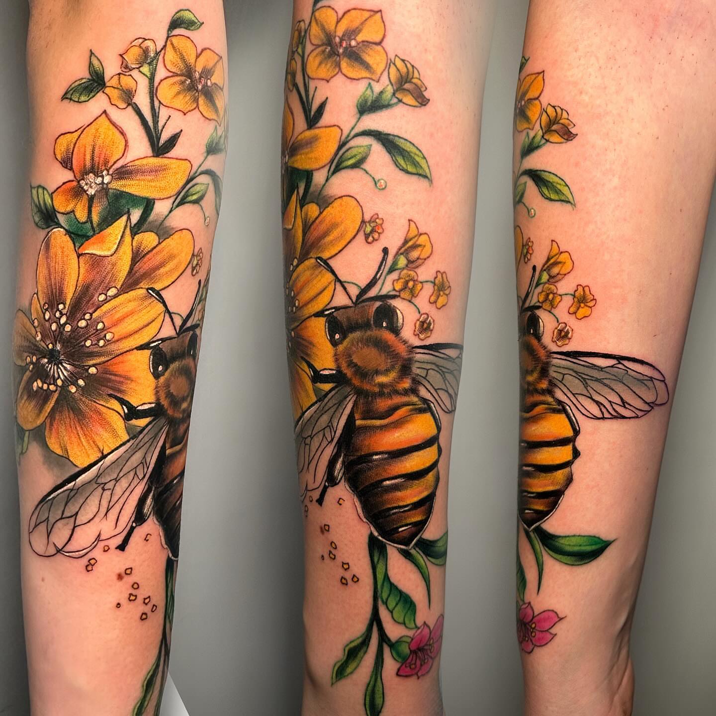 Bee and flowers American traditional tattoo on the forearm by Anghel Patricia
