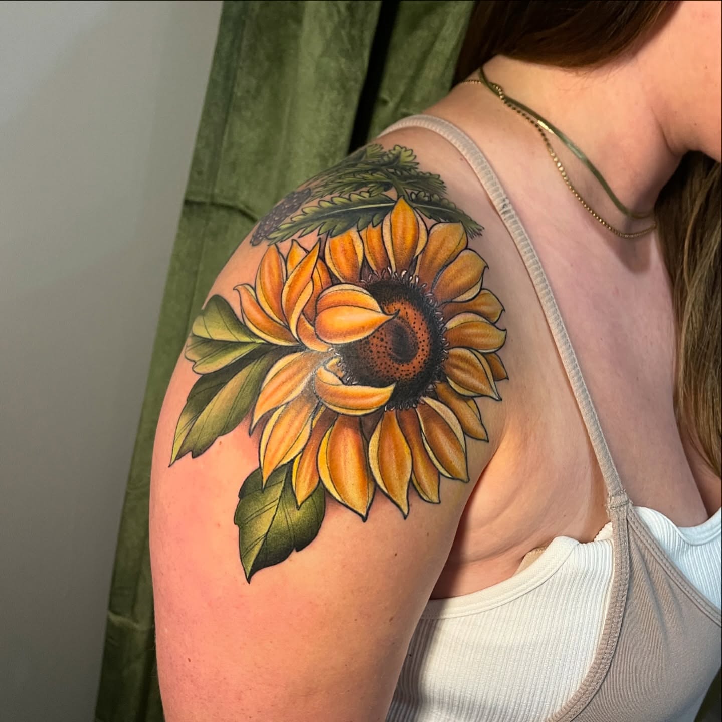 Sunflower realism tattoo on the shoulder by Brittany Welsh, Marlton, New Jersey