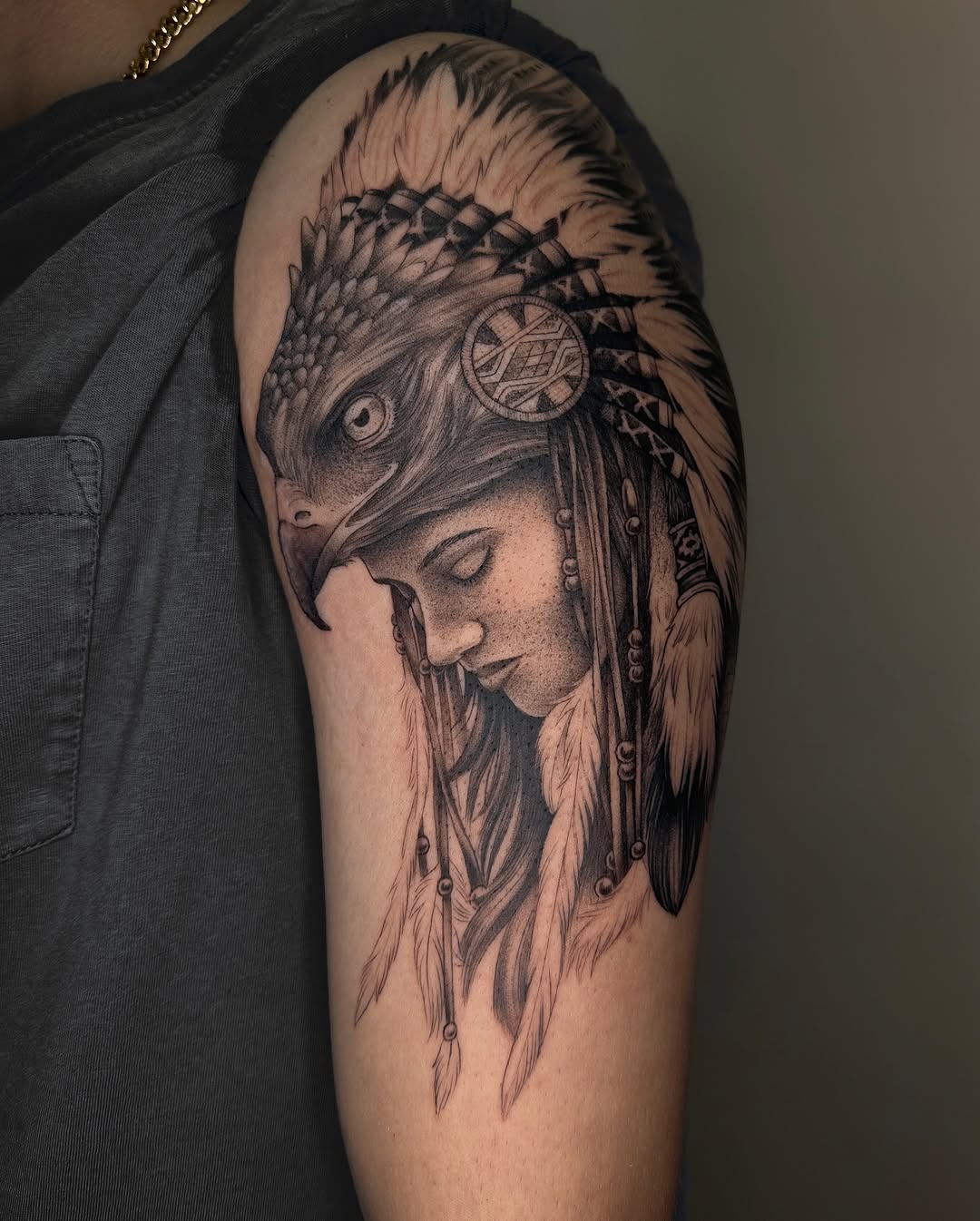 Native American eagle headdress portrait realism tattoo on the shoulder by James Hix - Tattoo Artist, Fort Worth, Texas