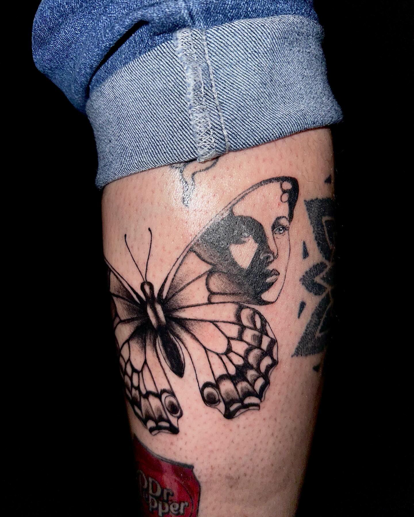 Butterfly and woman realism tattoo on the forearm by Marie Novotny, Lakewood, Ohio