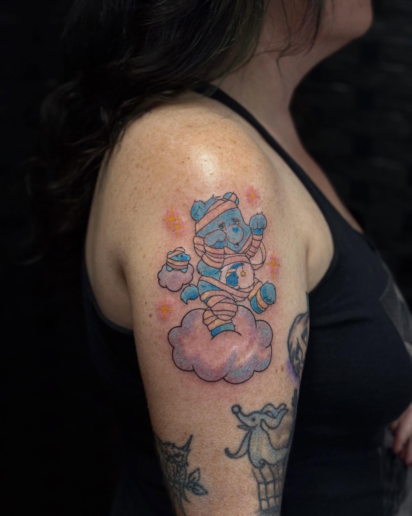 Teddy bear dotwork tattoo on the shoulder by ✨Dani Jackson✨, New Orleans, Louisiana