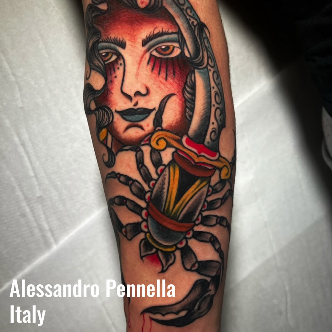 Medusa and scorpion American traditional tattoo on the forearm by Alessandro Pennella