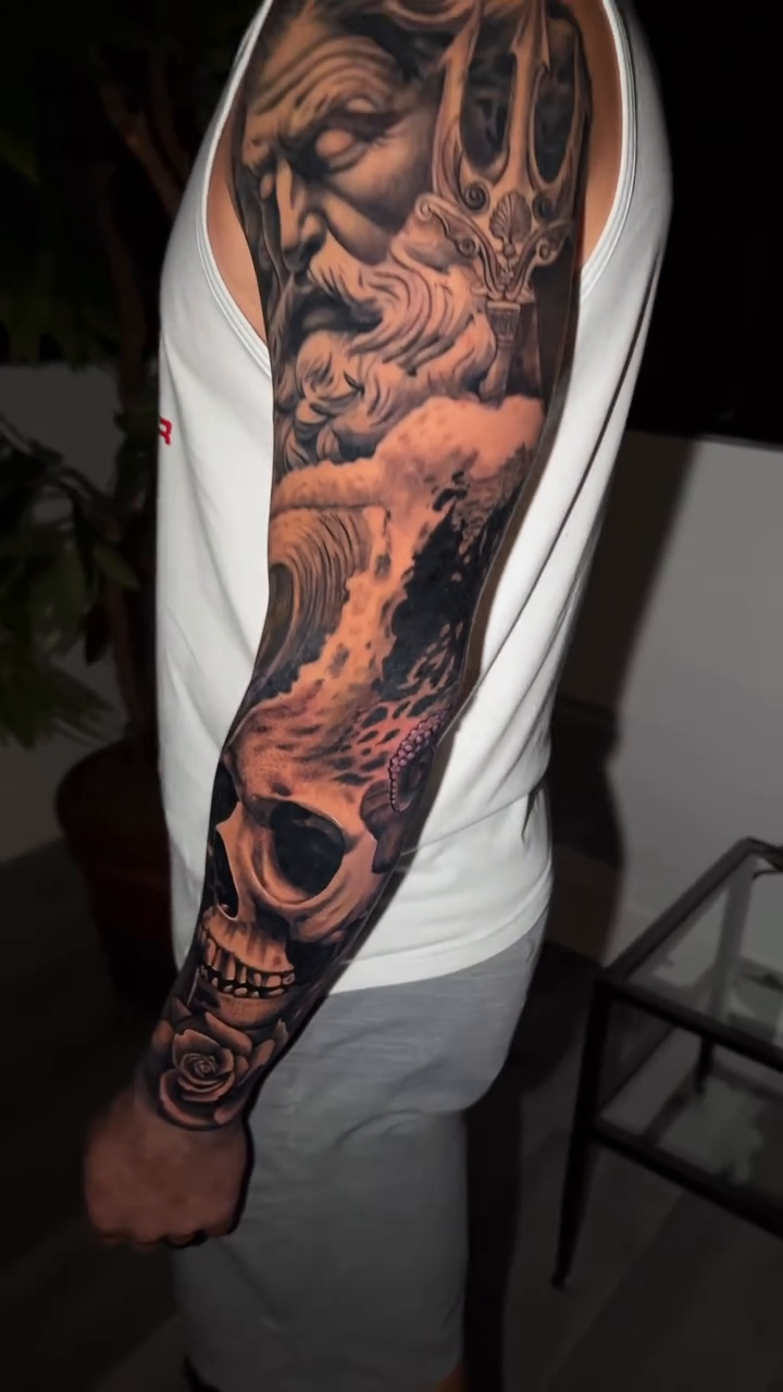 Greek god and skull sleeve realism tattoo by Rafa