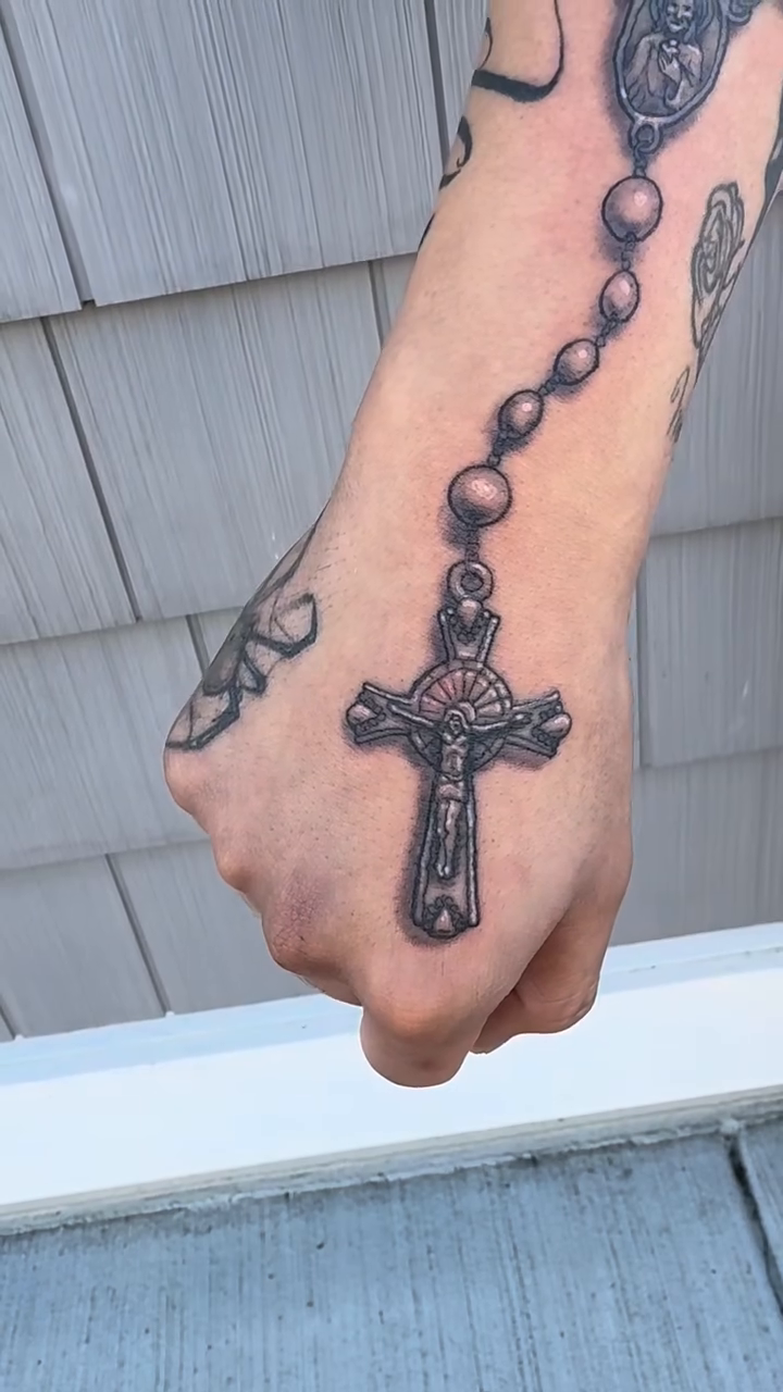 Rosary beads and cross with script lettering script tattoo by Iconic Ink, Millbury, Massachusetts