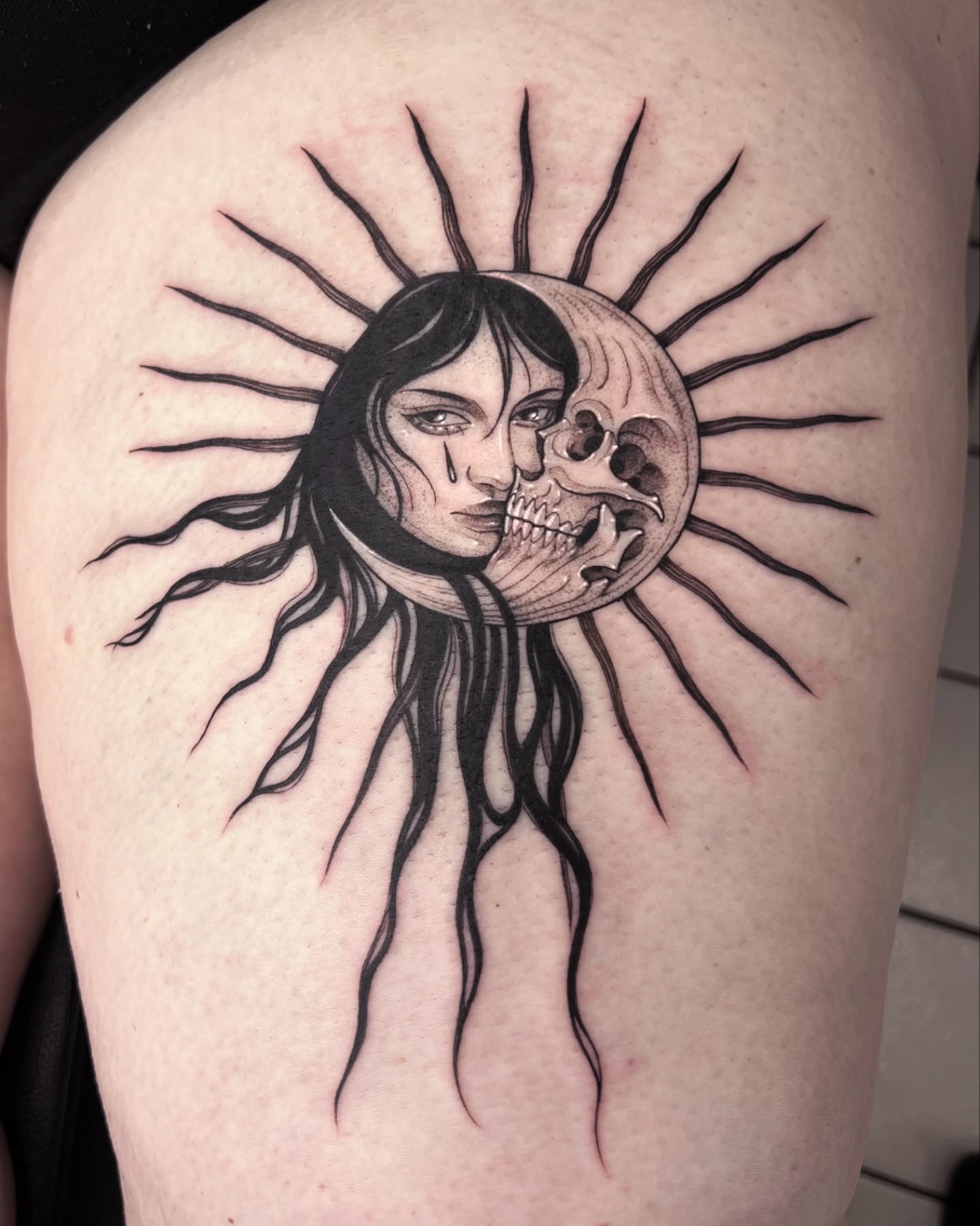 Moon and woman realism tattoo on the thigh by Tattoos.byDahlia, Austin, Texas