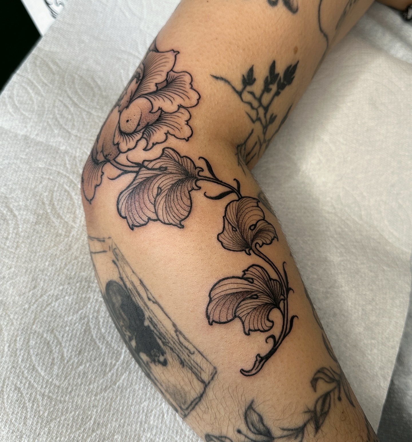 Floral vine black and grey tattoo on the forearm by abigail 🌸