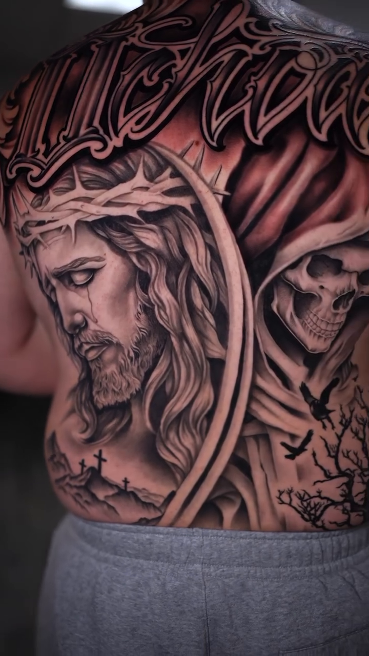 Jesus Christ and skulls realism tattoo by Esto