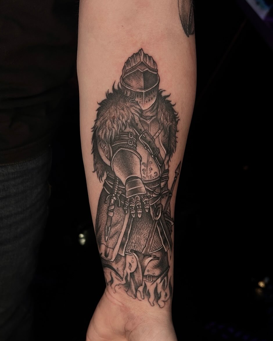 Warrior black and grey tattoo on the forearm by Tattoos by Abbey