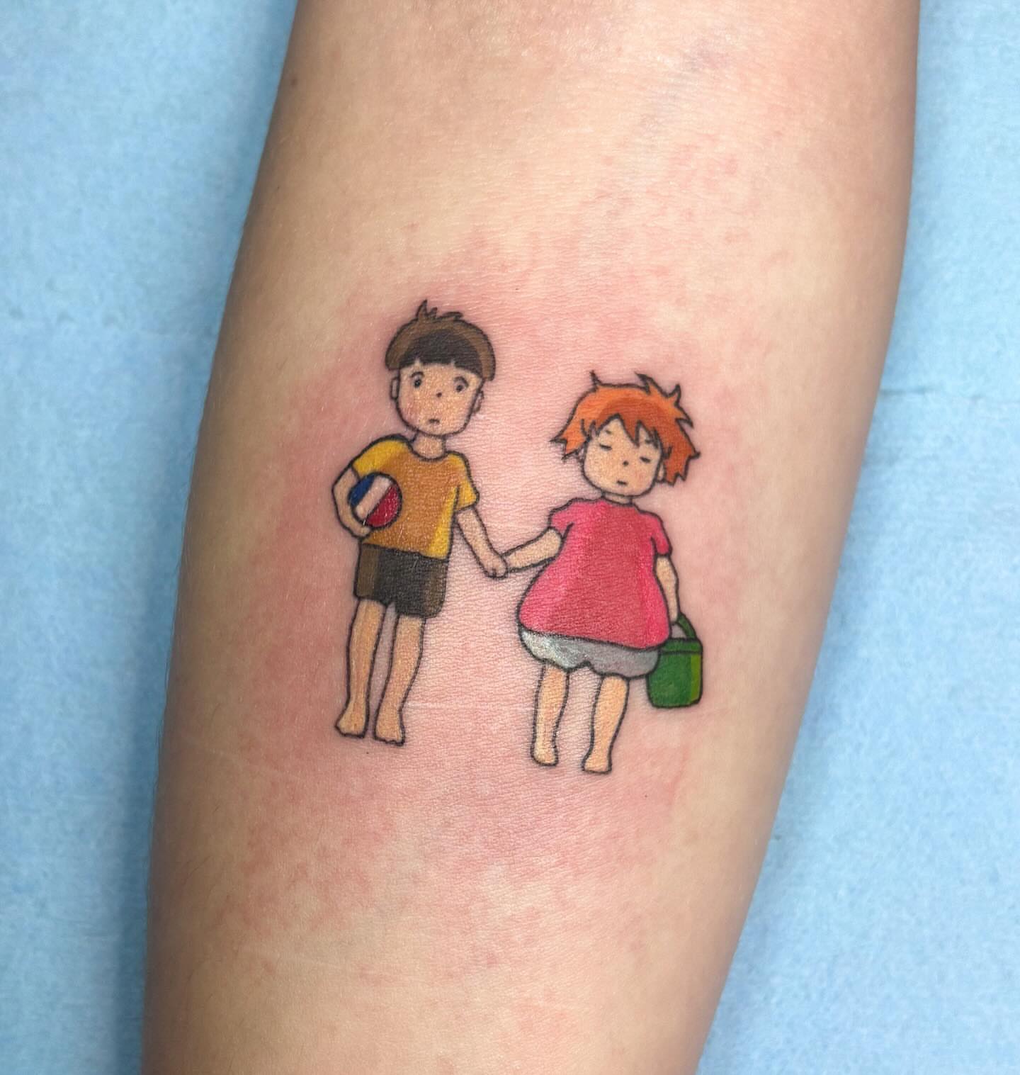 Children playing illustrative tattoo on the forearm by Katelyn Spence