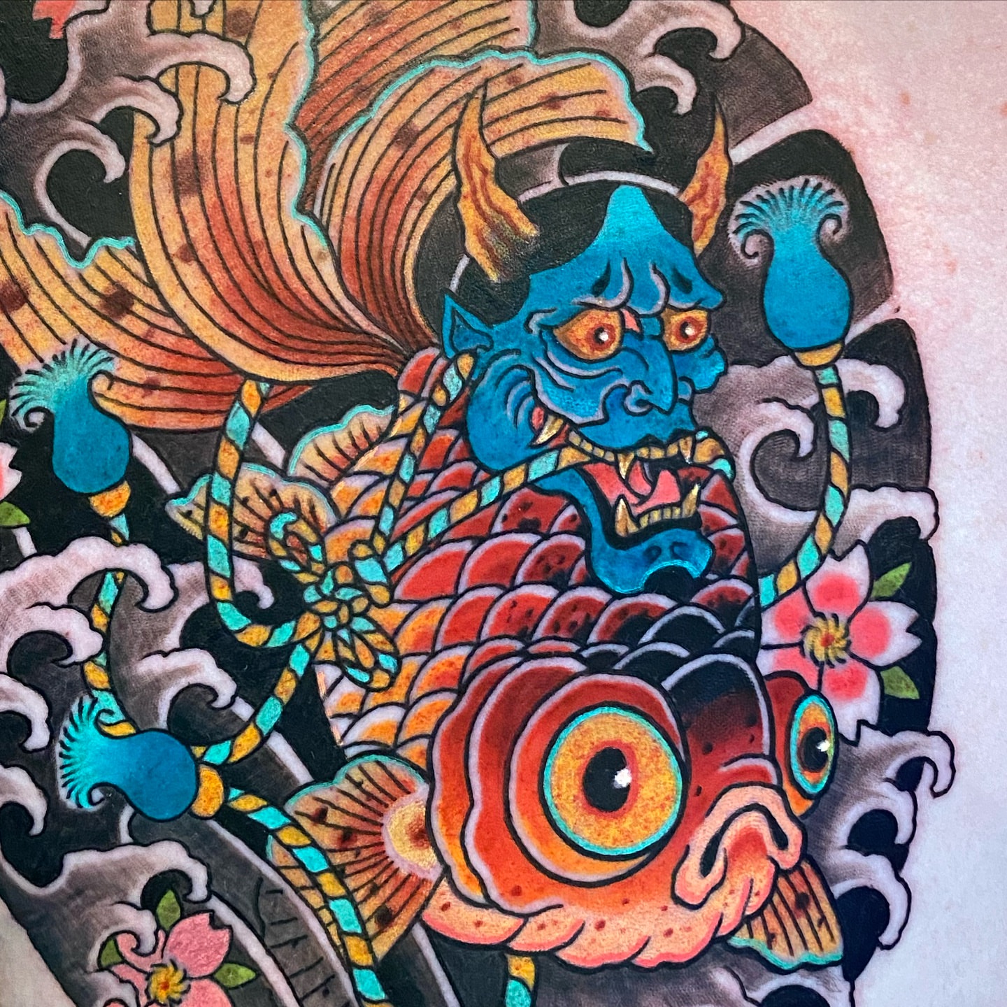 Koi fish and dragon japanese irezumi tattoo on the thigh by Mitch Bonifay
