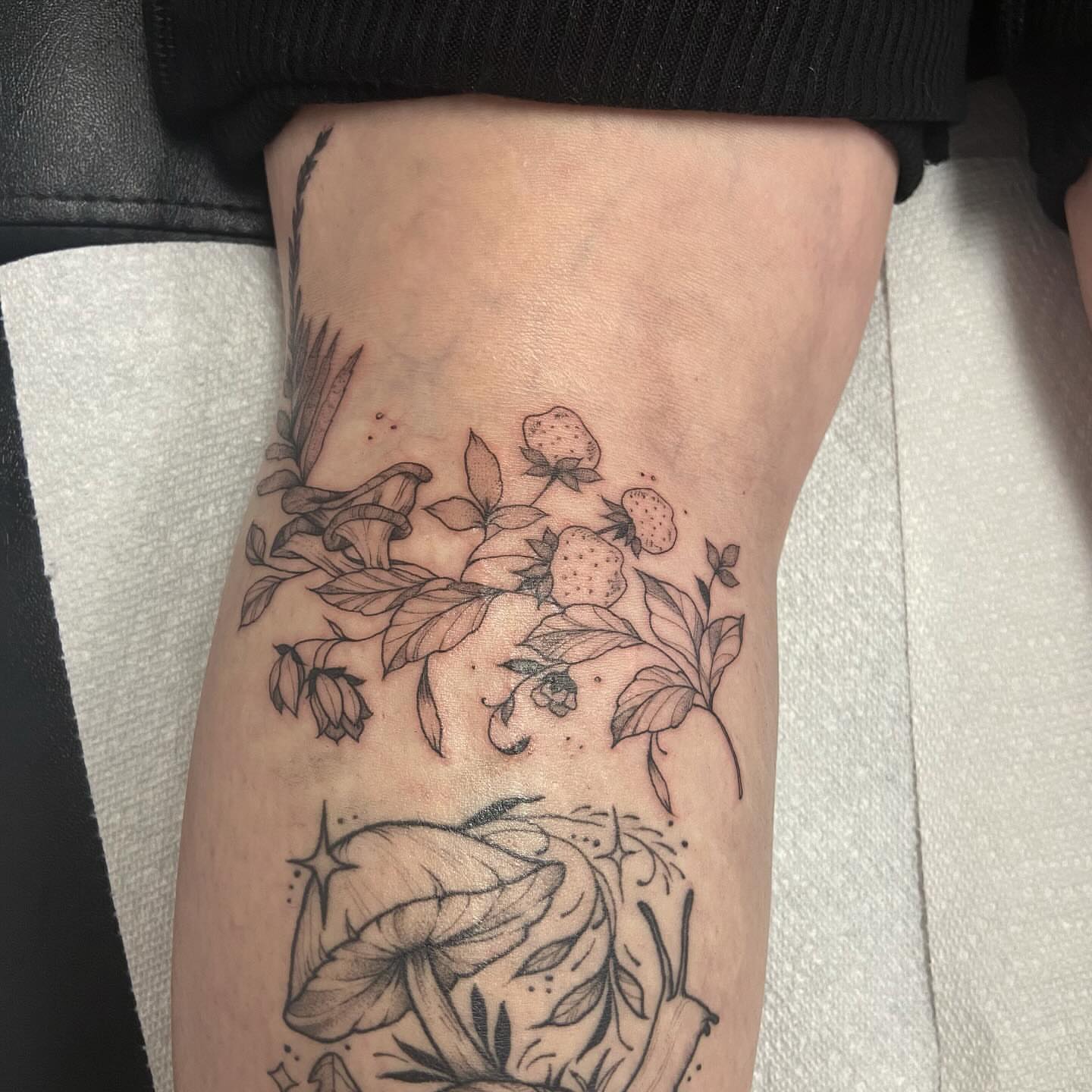 Strawberries and leaves black and grey tattoo on the forearm by Libbey June @ Snailberry Studios- NW OHIO