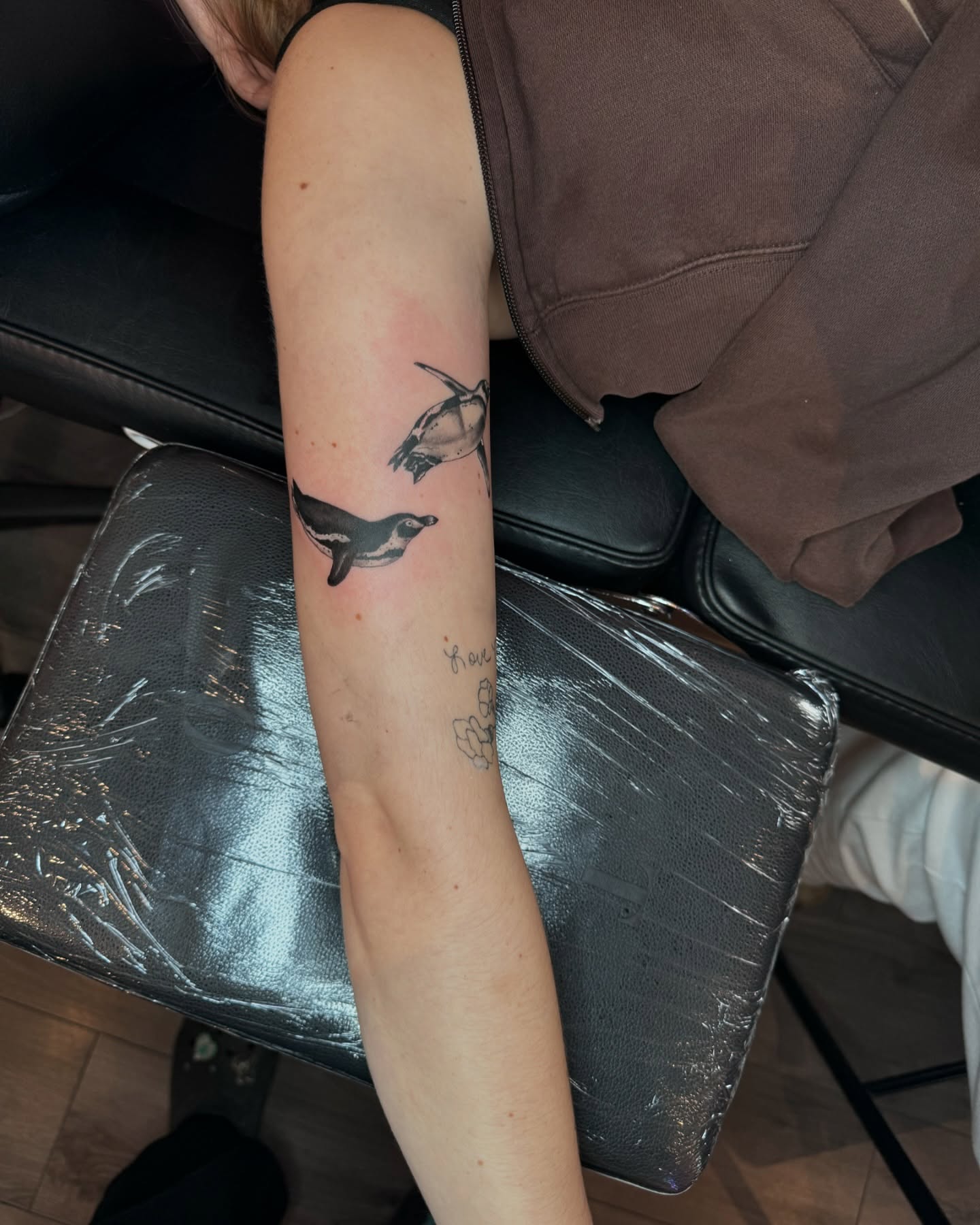 Whale and penguin black and grey tattoo on the forearm by Honey