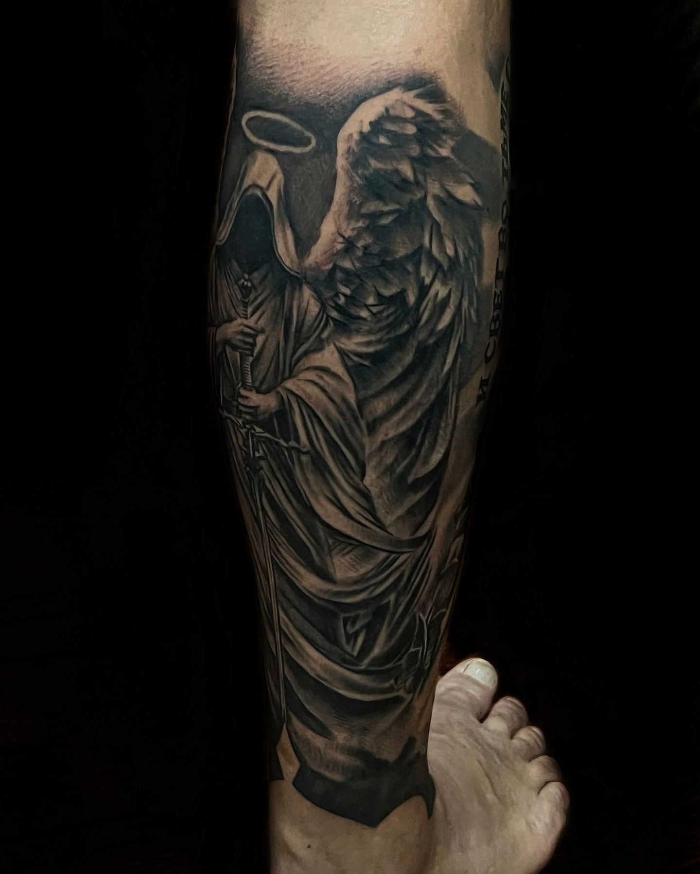 Angel with sword realism tattoo on the calf by ππππππ