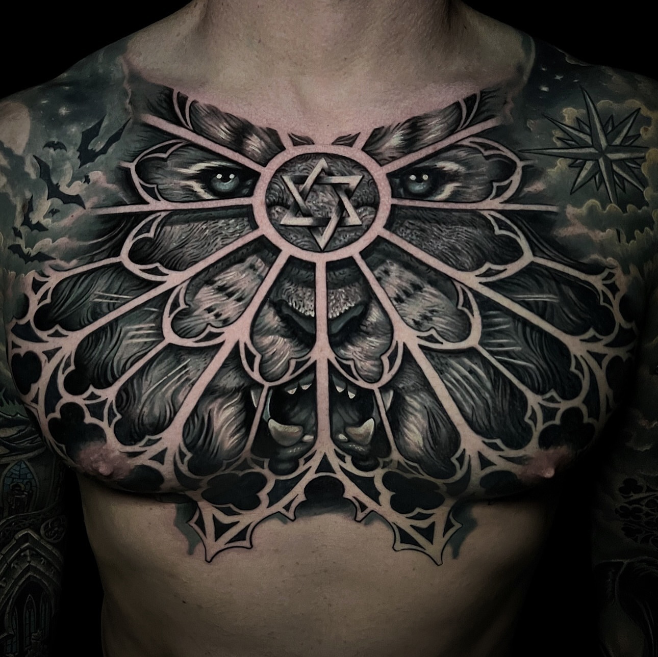 Lion geometric tattoo on the chest by Dayron Gonzalez