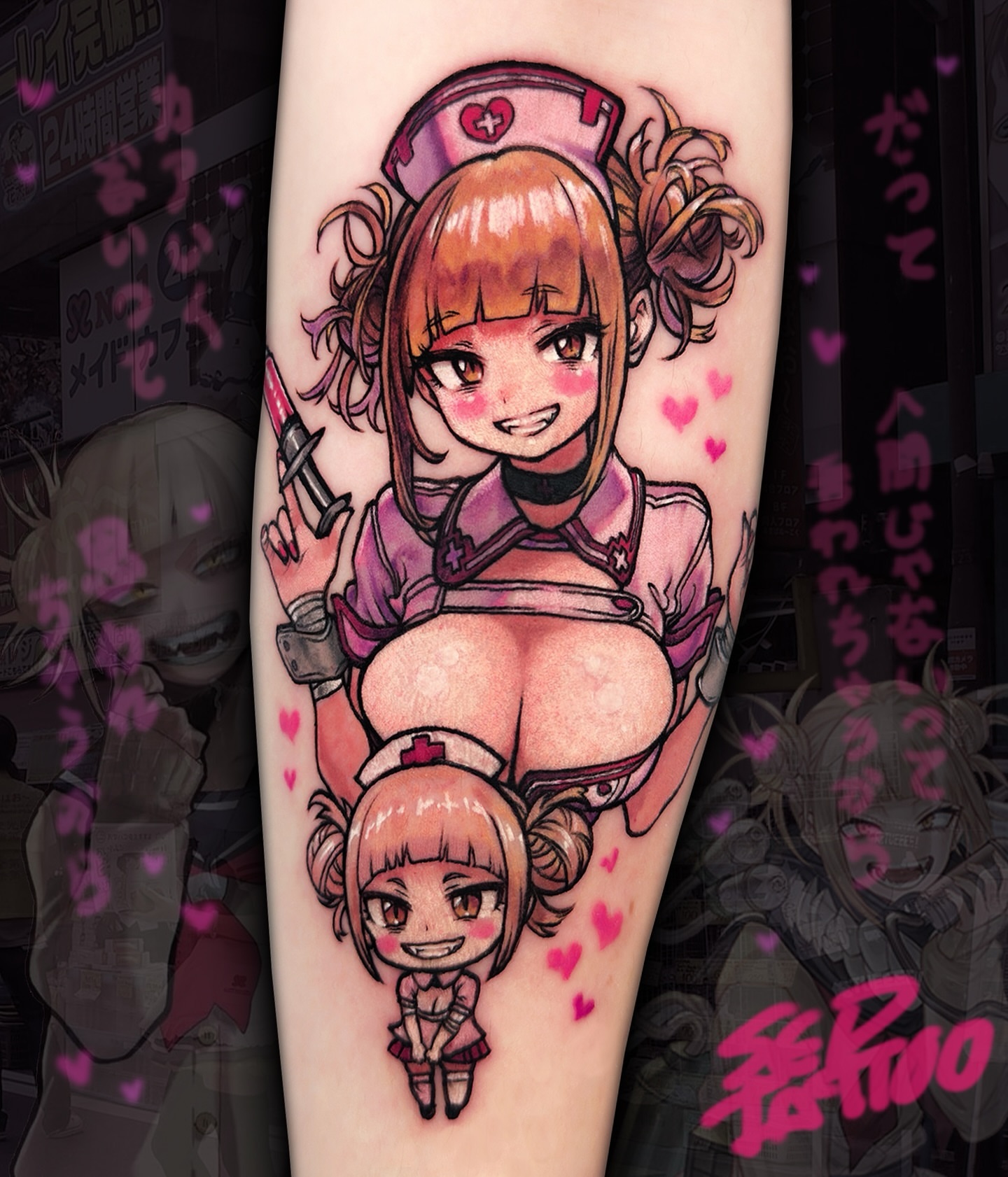 Anime nurse anime tattoo on the forearm by Sed