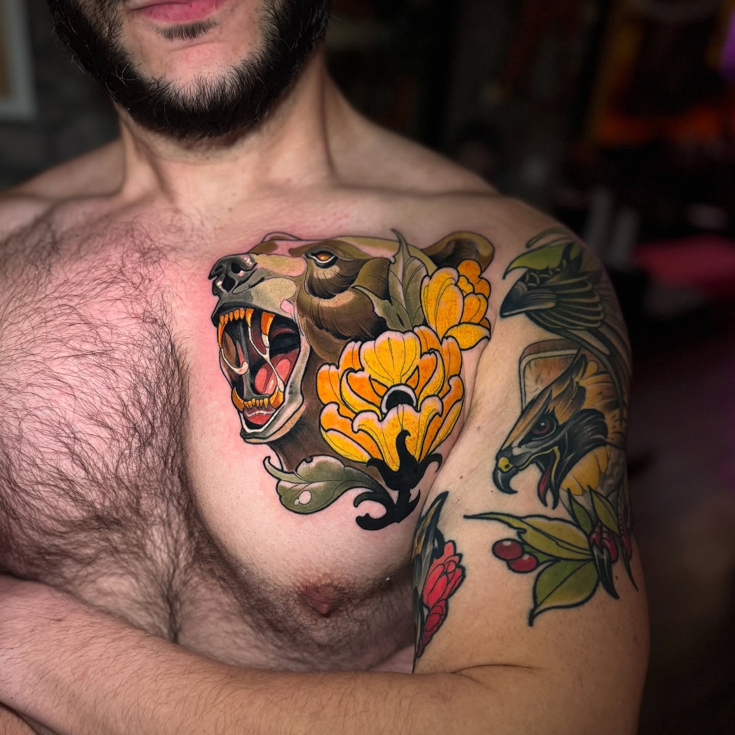 Bear and flowers American traditional tattoo on the chest by Matt - Neotrad Tattoos, New York, New York