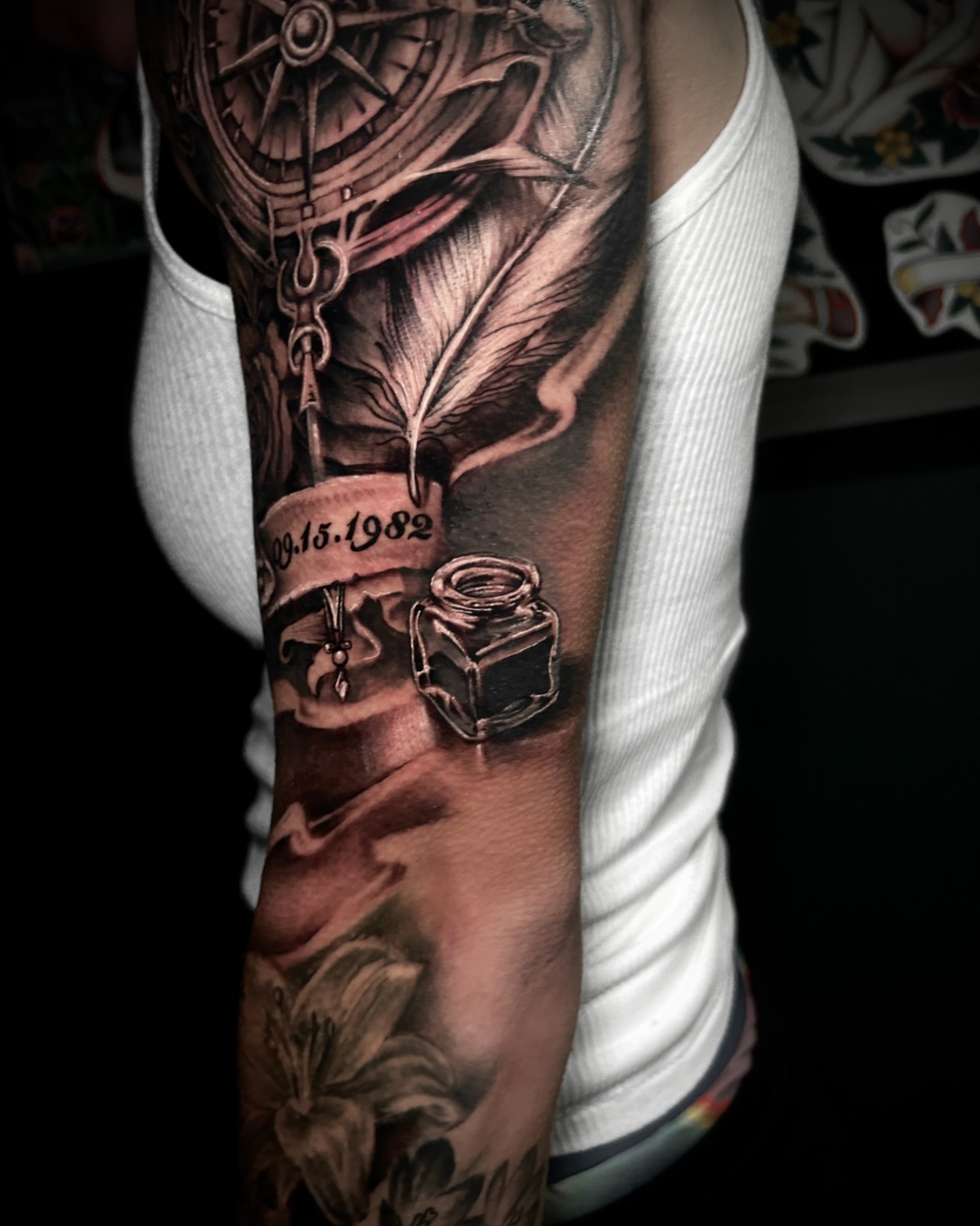 Quill and inkwell realism tattoo on the forearm by Alberto M