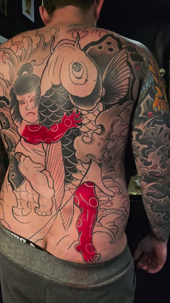 Samurai and koi fish japanese irezumi tattoo by Barrett Handel