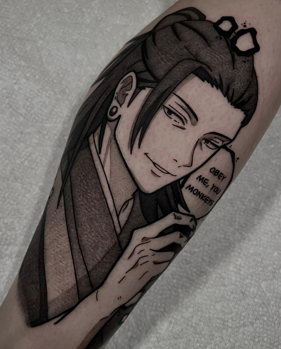 Anime character anime tattoo on the forearm by Chandler Roe