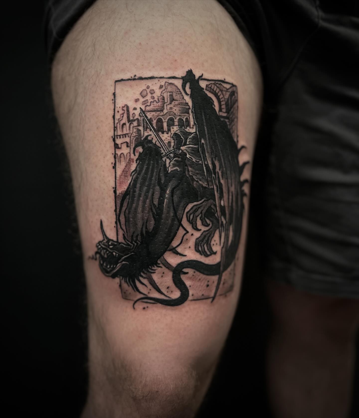 Dragon slaying dark realism tattoo on the thigh by 𝕽𝖎𝖌𝖊𝖗𝖘 𝕳𝖆𝖒𝖟𝖆, San Francisco, California