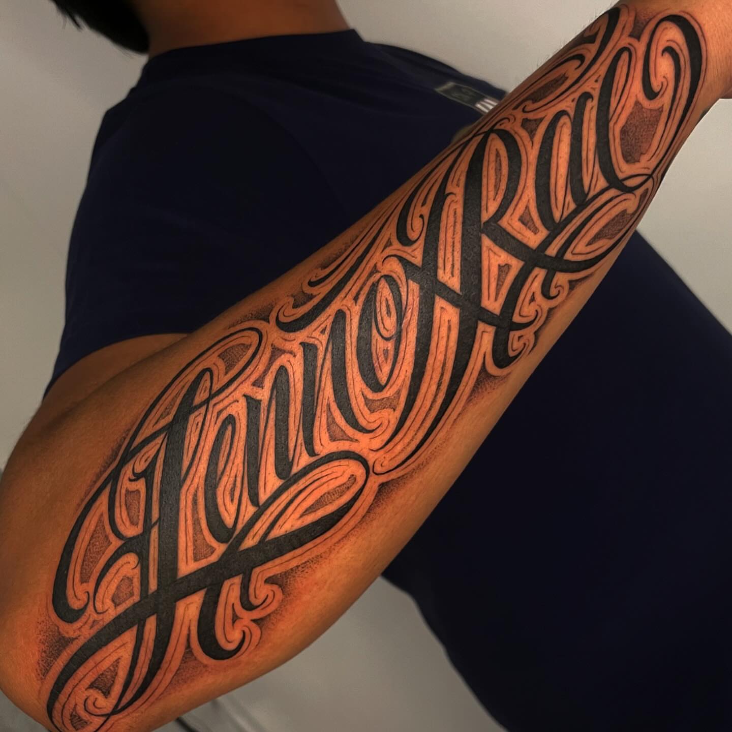 Script lettering lettering script tattoo on the forearm by Chicanocustomlettering
