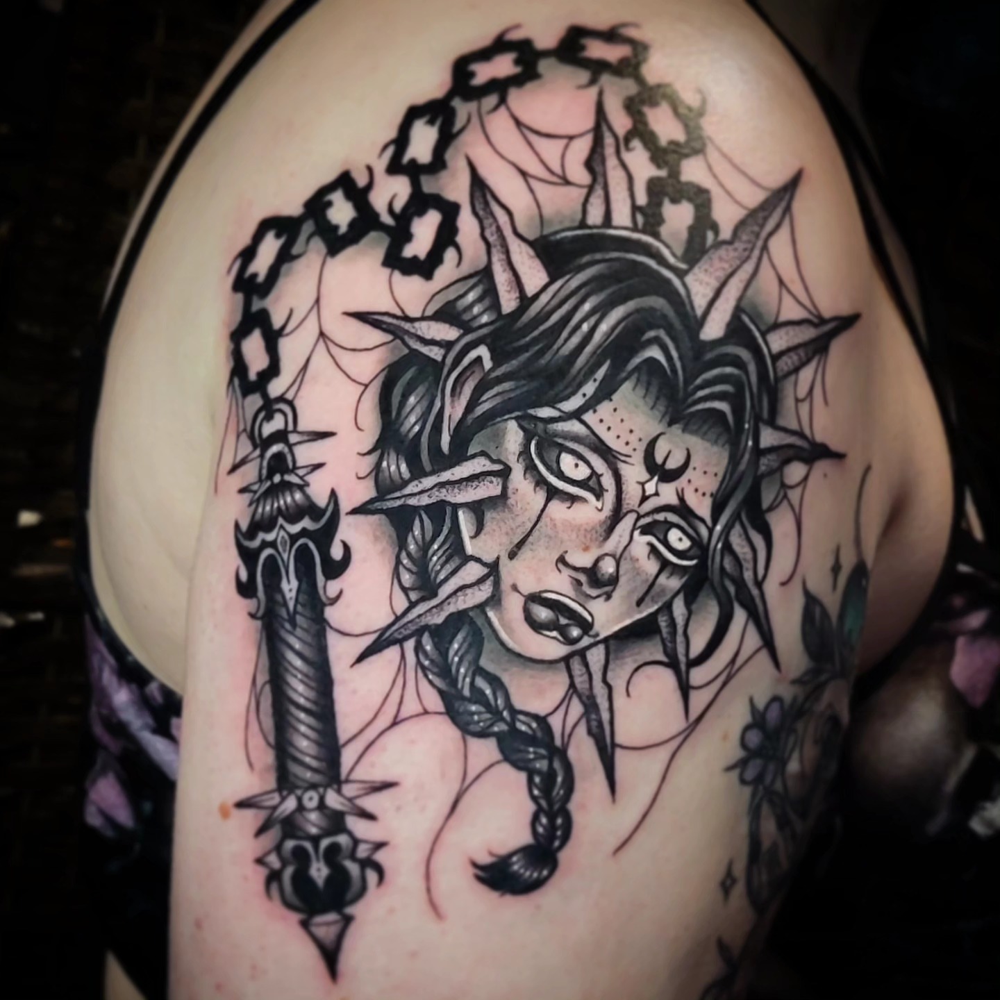 Demon head American traditional tattoo on the shoulder by @lovelornpotato