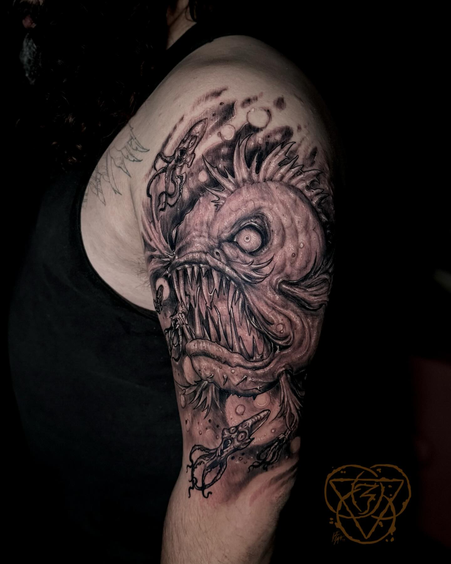 Monster dark realism tattoo on the shoulder by Justin (iam3) Leifeste