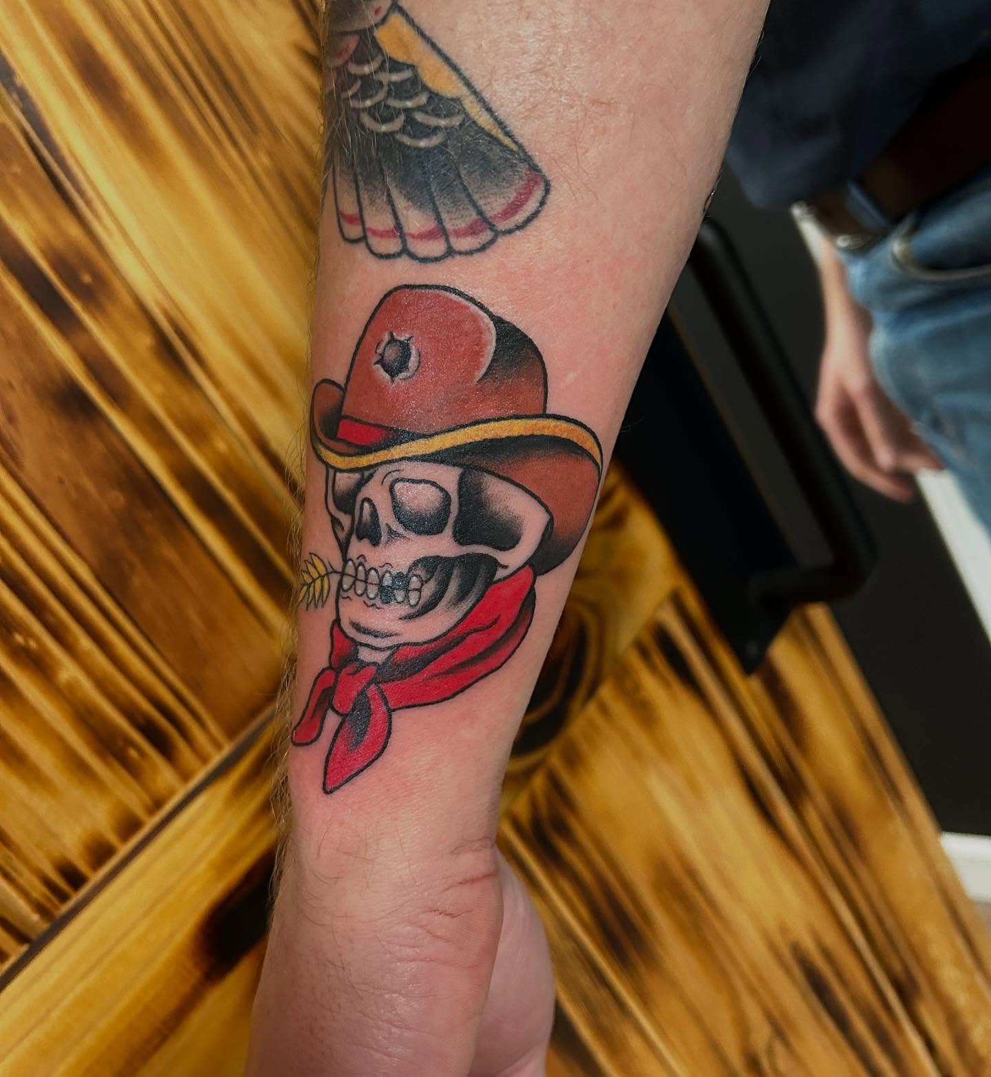 Cowboy skull American traditional tattoo on the forearm by ππππππ ππππππ
