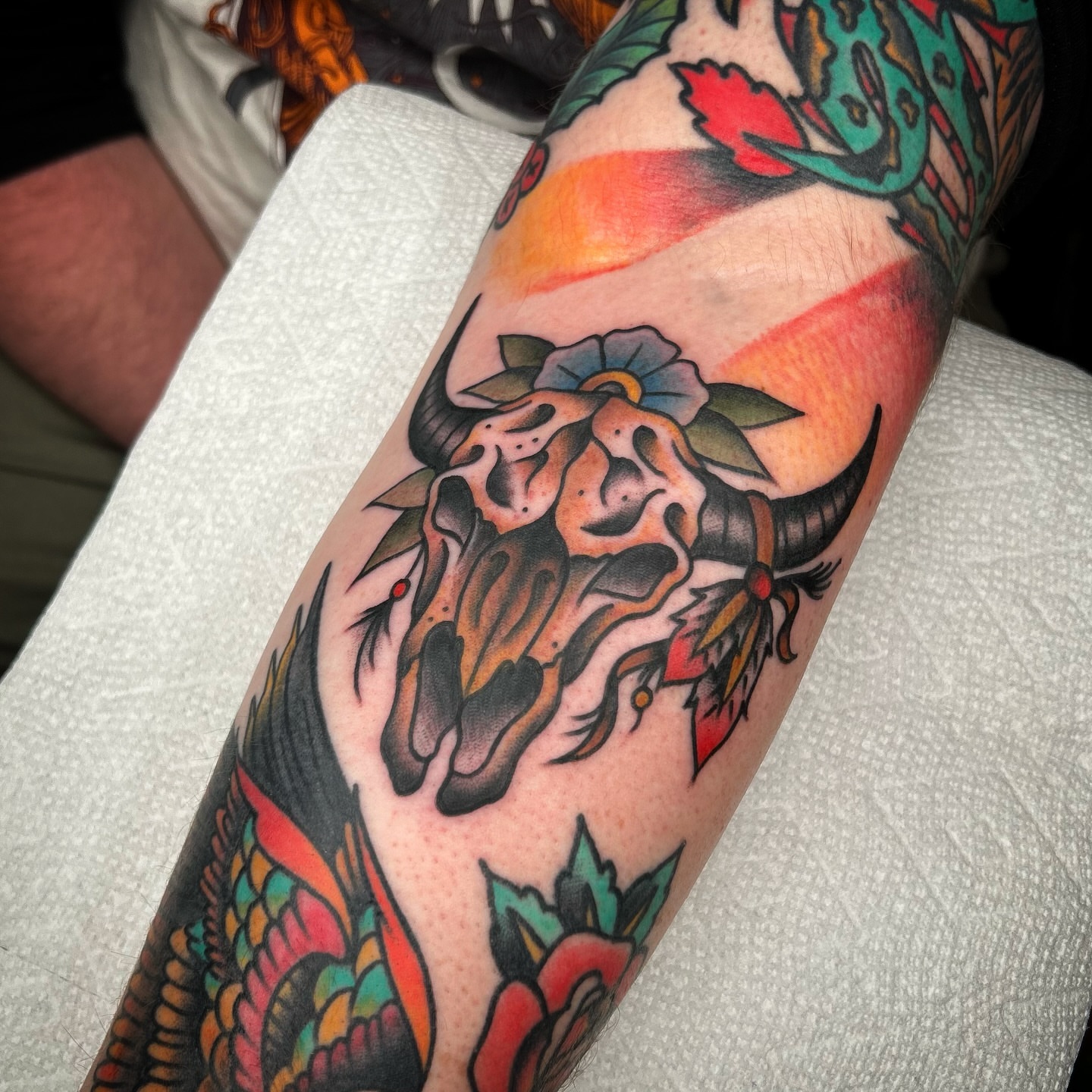 Bull skull American traditional tattoo on the forearm by Bright-bold-classic Tattoos, North Hills