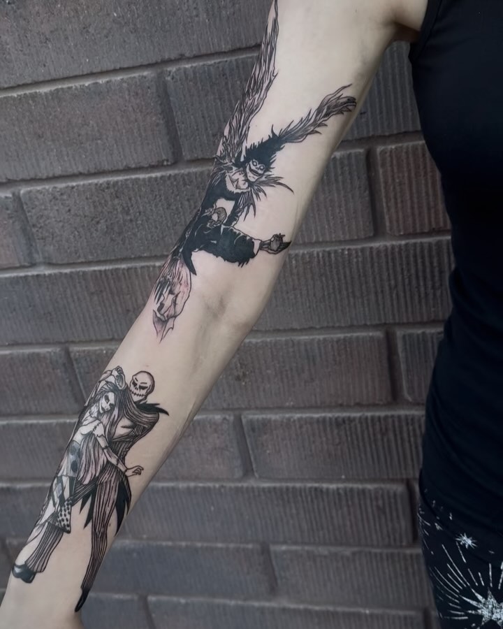 Scarecrow and skeleton black and grey tattoo on the forearm by Jianna