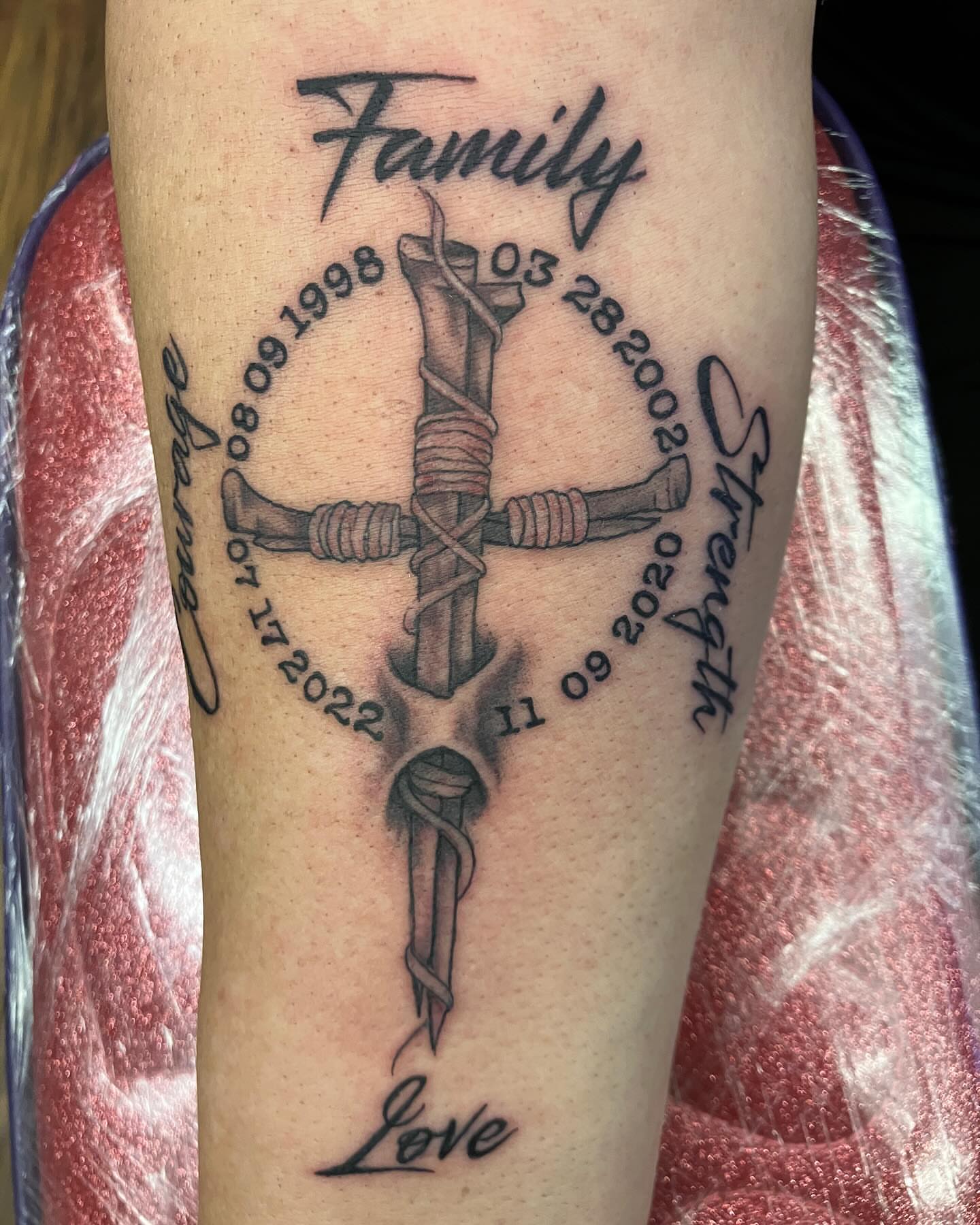 Family anchor black and grey tattoo on the forearm by Hot Dawg