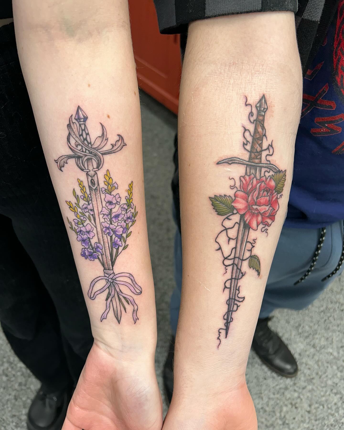 Sword and flowers new school tattoo on the forearm by Jayda Shell