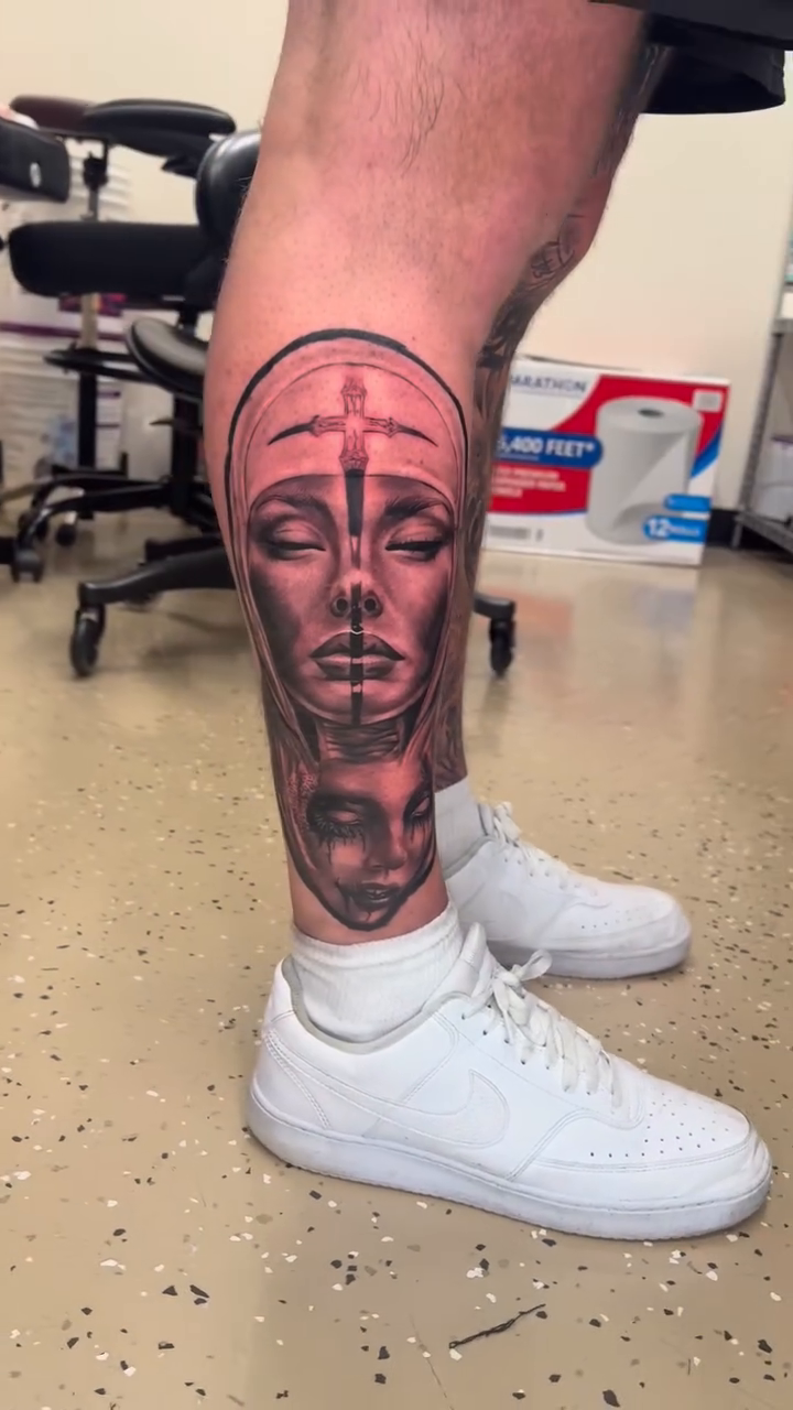 Two faces realism tattoo by Ian Chancellor, Leighton Buzzard, England