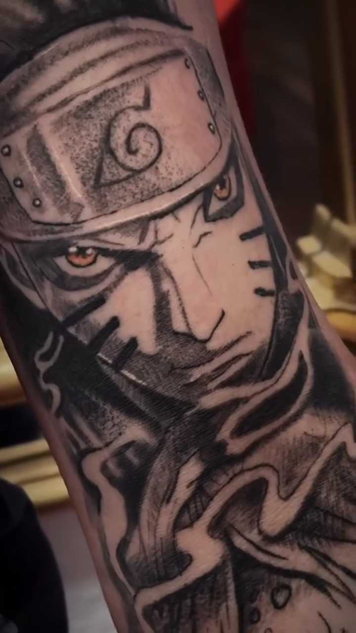 Tattoo by @mannyramirezart — anime, black_and_grey